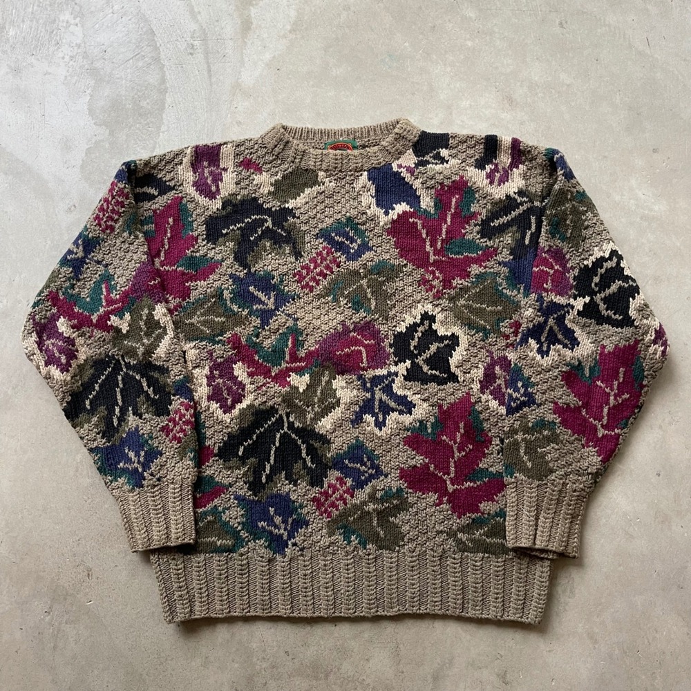 Vintage Boston Traders Men M Leaf Pattern Ramie Cotton Knit Sweater Tan Multi